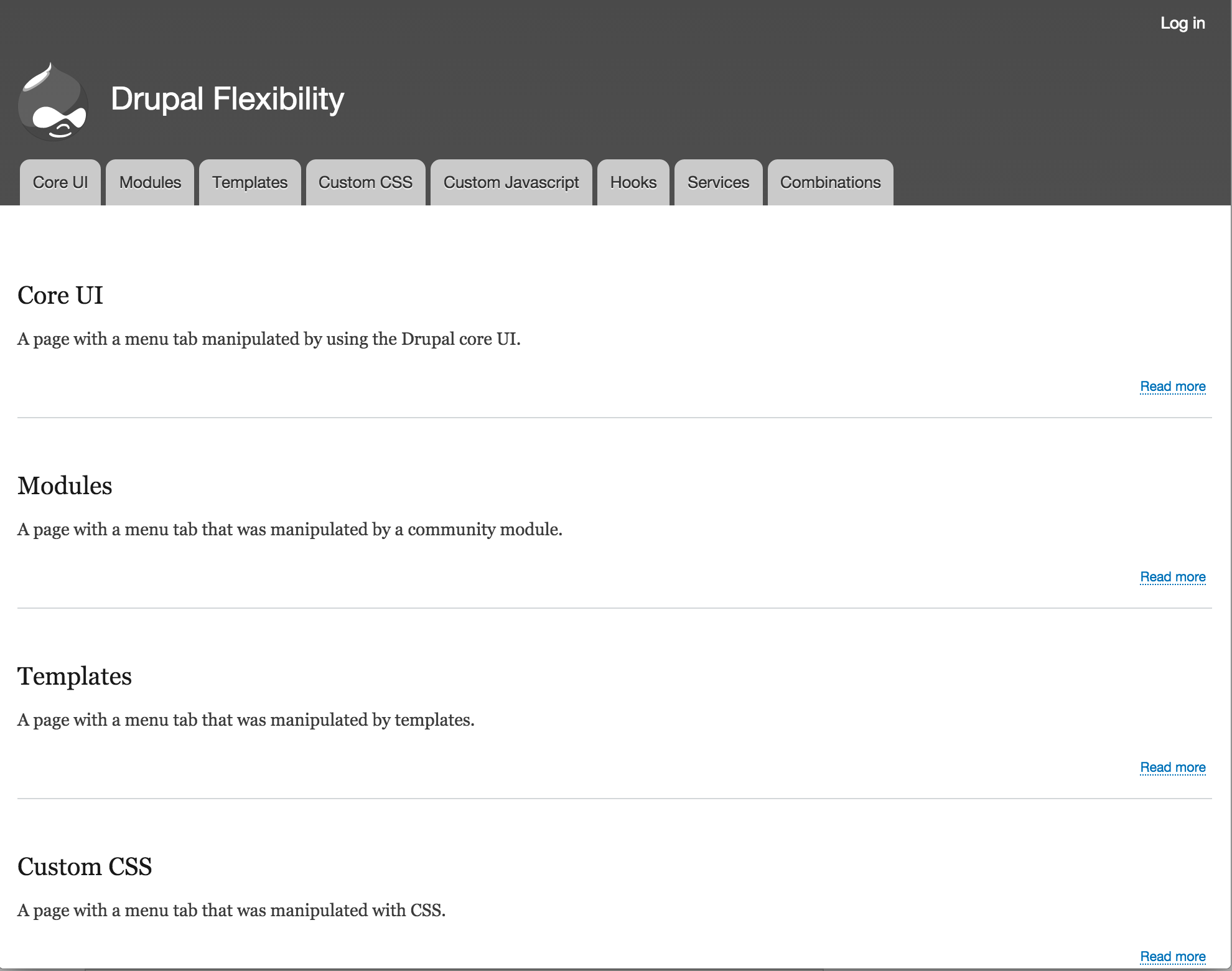 A standard Drupal 8.0.1 site install with 8 menu tabs.