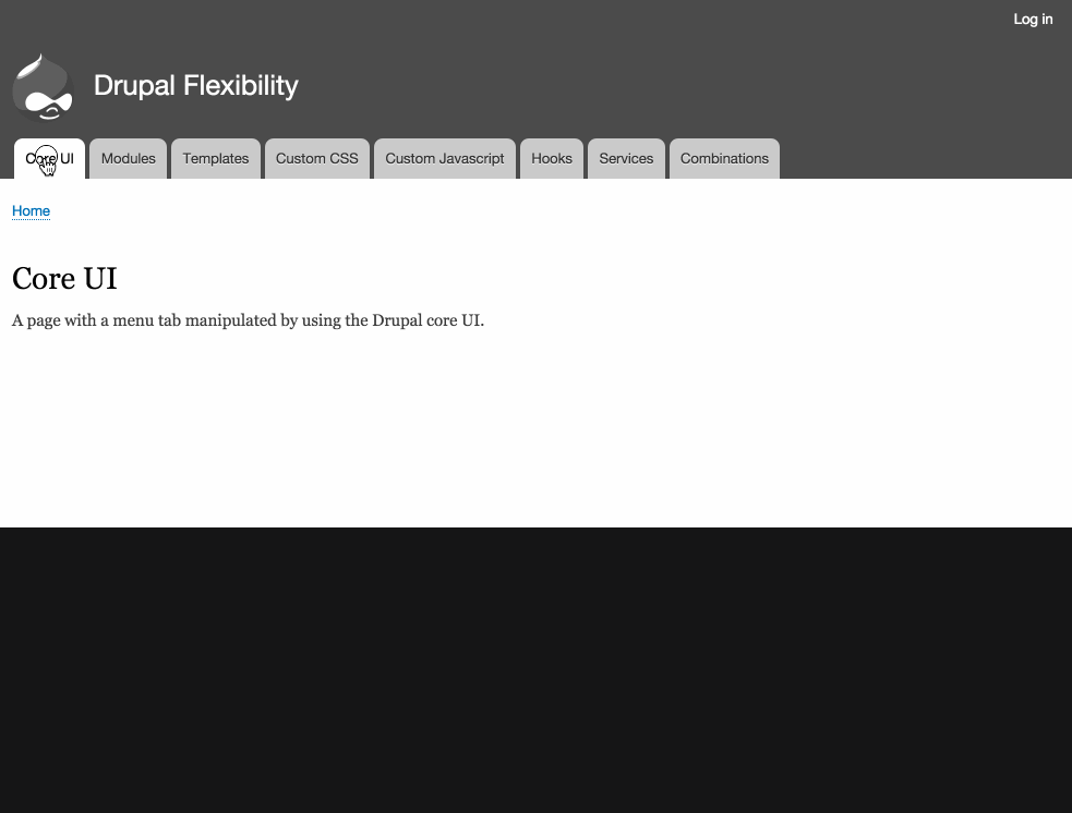 Using Drupal core admin UI to change the title and destination of a menu tab.