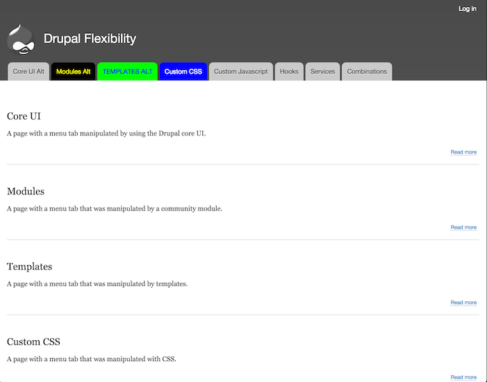 Result of changing a menu tab by using custom CSS attached as libraries.