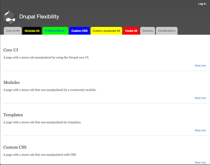Results of altering a menu tab using hooks defined in a custom theme and module.