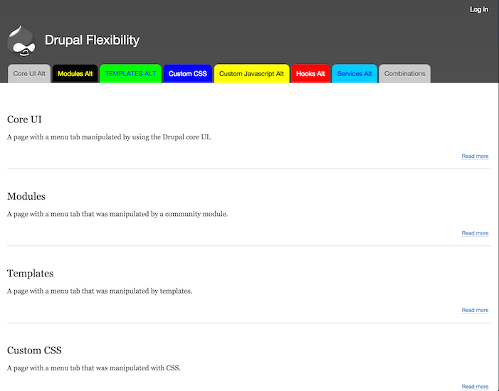 Results of changing a menu tab by using a custom service.