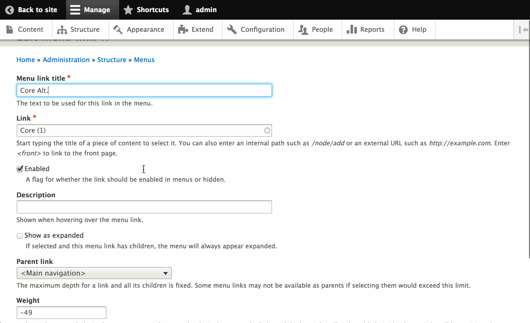 Using Drupal core to edit a main menu link