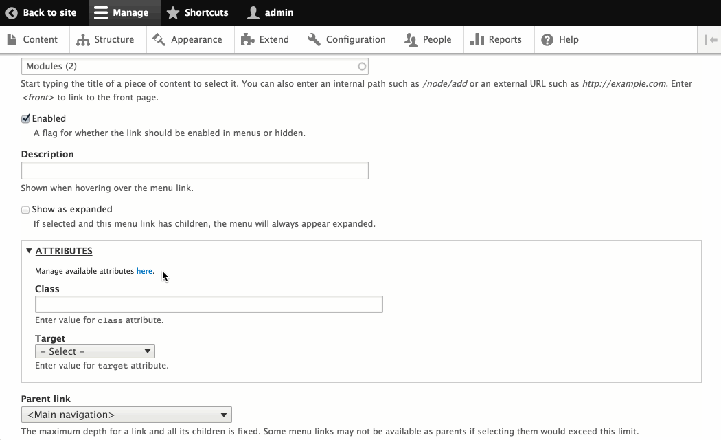 More editable attributes for a menu link
