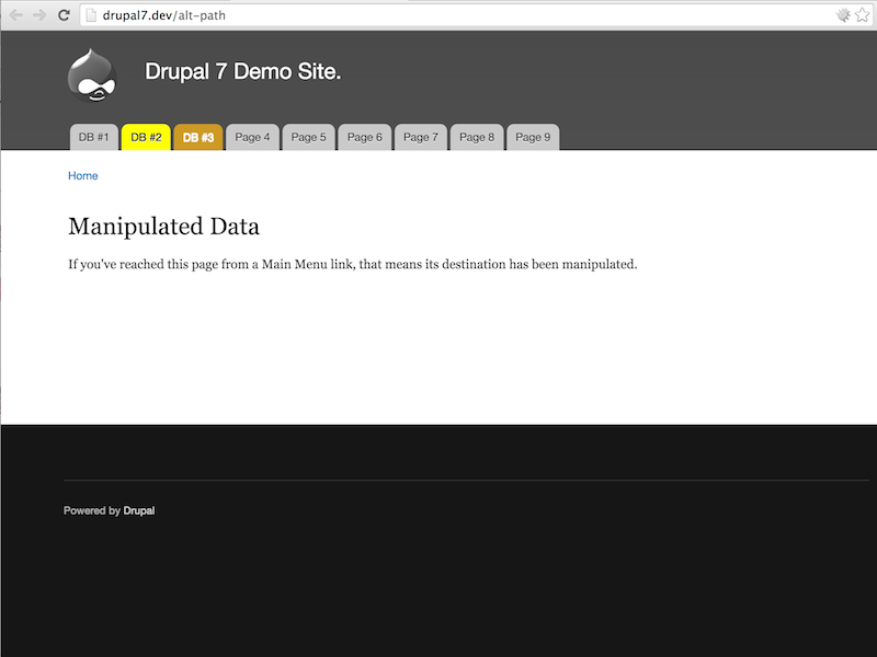 Drupal 7: Third item in Drupal 7 menu now has changed title, destination and style.