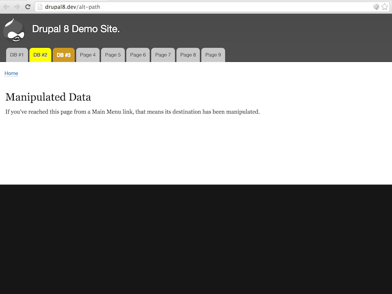 Third item in Drupal 8 menu now has changed title, destination and style.