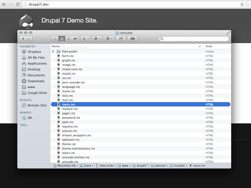 Drupal 7 core file menu.inc, controls menu functionality.