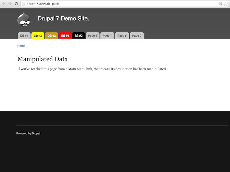 Drupal 7 menu loads, uses hacked function. Fifth menu item now has altered title, destination and style.