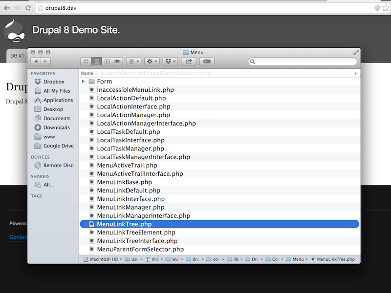 Drupal 8 core class MenuLinkTree.php controls menu functionality.