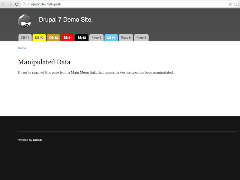 When Drupal 7 renders links will use overrriden template. Seventh menu item now has altered title, destination and style.
