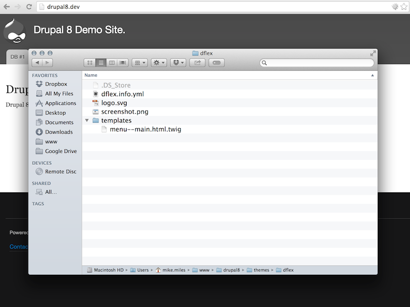 Custom Drupal 8 theme 'dflex_demo' contains a templates directory. Along with a twig template suggestion for main menu