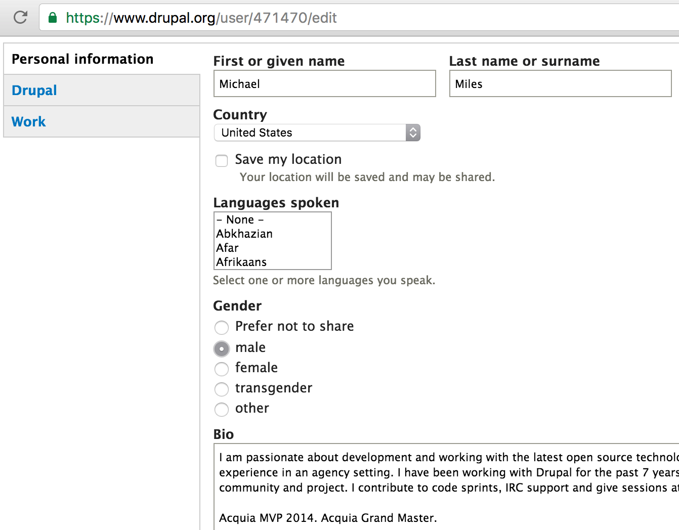 Drupal.org account gender question options